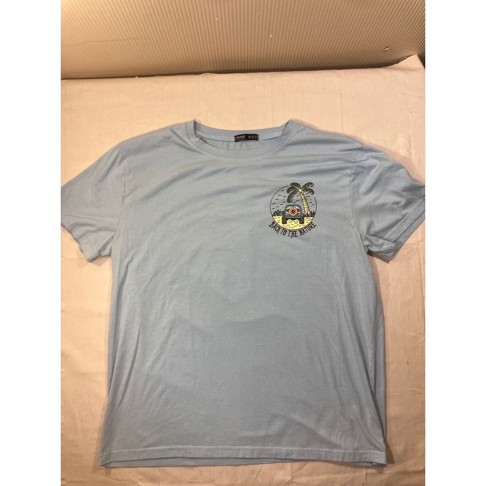 Romwe Light Blue T Shirt Graphic Print Back to Nature Palm Tree‎ Camera Size M
